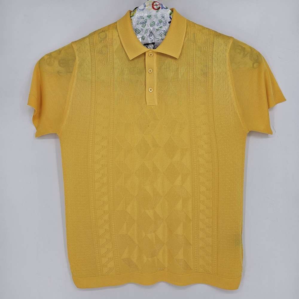 Saint Lorenzo Polo Shirt Mens Large Argyle Shiny Yellow Short Sleeve Rayon Blend
